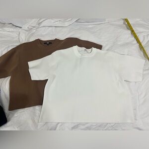 UNIQLO Knit Top Bundle 2pcs White & Brown Boxy Minimalist Short Sleeve